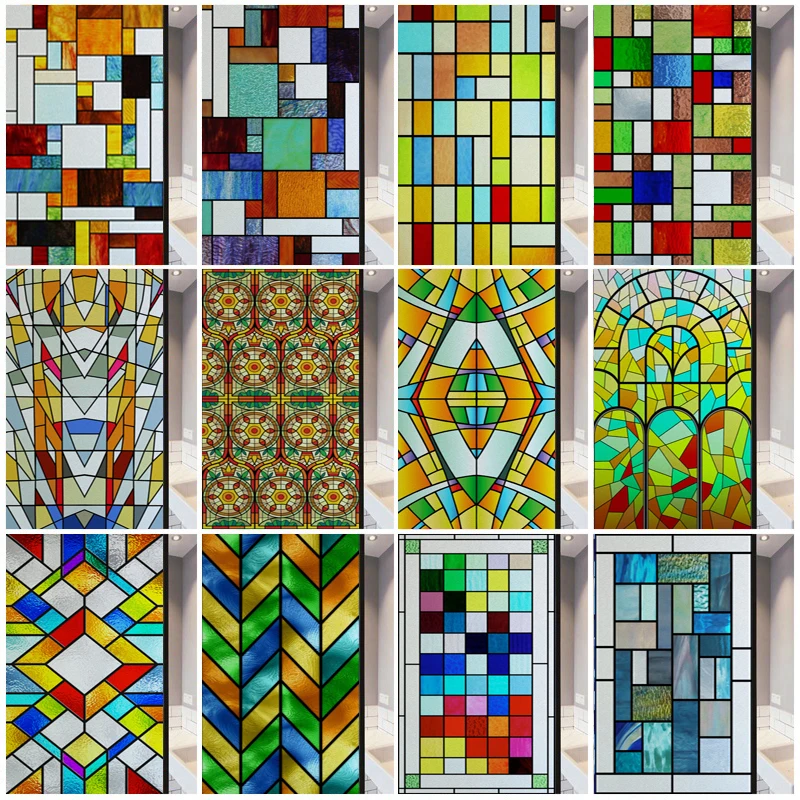 Frosted Stained Glass Window Film, Reusable Window Covering, Sun Catcher, Mosaic Rainbow Color, Privacy, Home-Decor