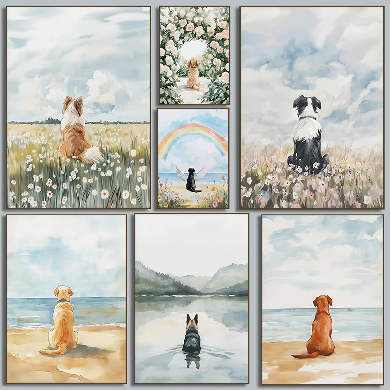 1PC--Classic Watercolor Blue Sky Chihuahua in Flower Field Animals Posters Canvas Paintings Print Wall Art Pictures Home Deco