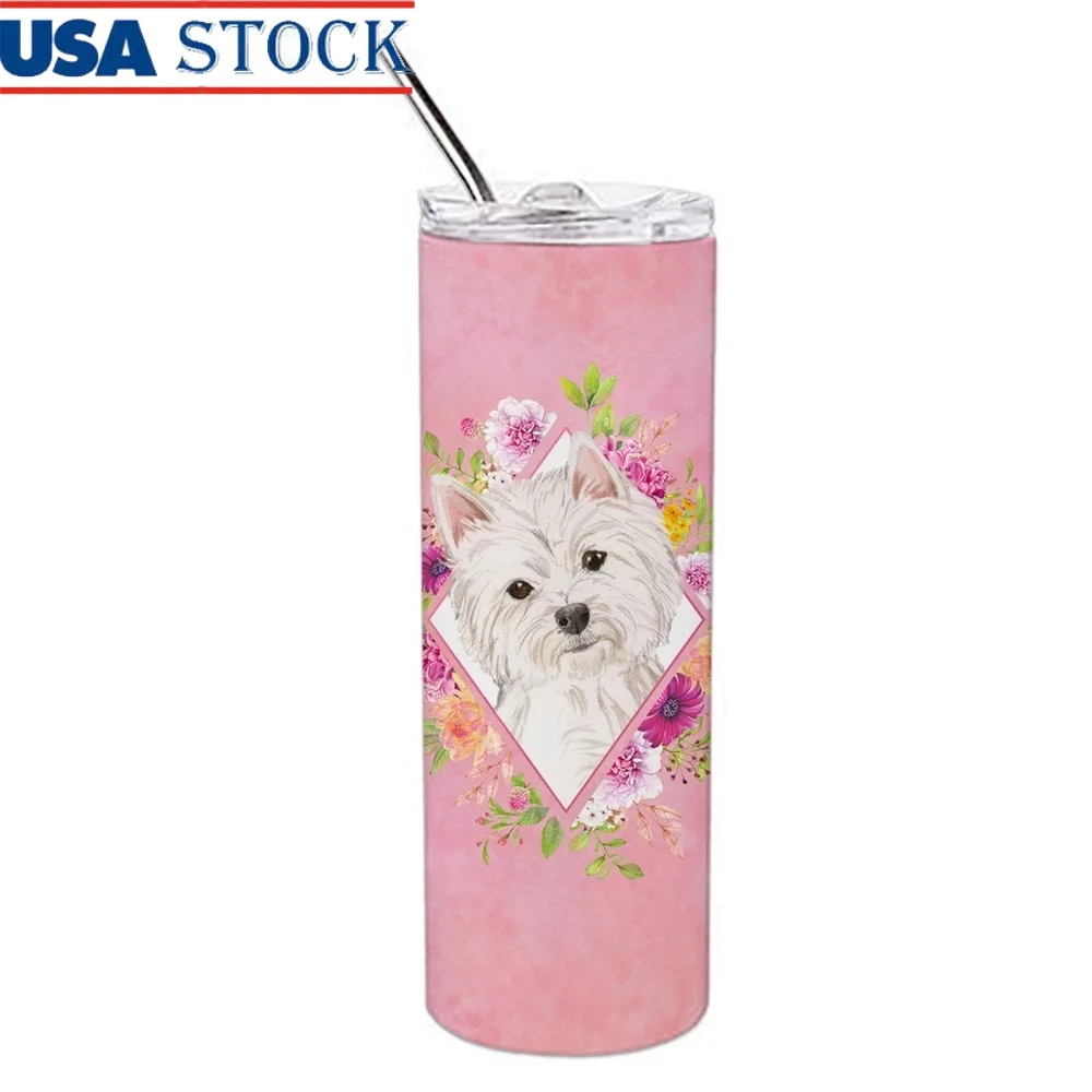 

Westie розовые цветы из нержавеющей стали 20 унций узкий стакан с двойными стенками и вакуумной изоляцией дорожная кружка с многоразовой металлической соломой