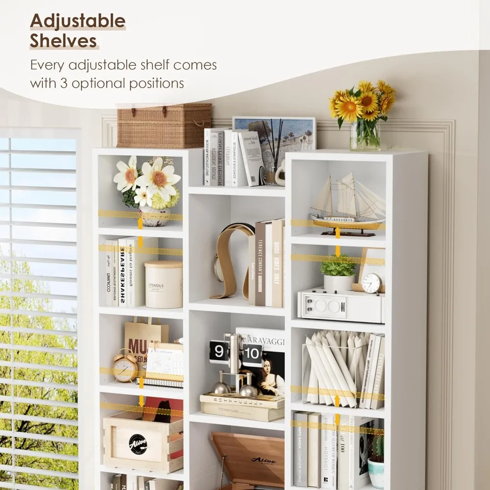 رف كتب ثلاثي واسع باللون الأبيض مع 8 أرفف قابلة للتعديل، وبرج تخزين أقراص CD DVD، وخزانة عرض للمكتب المنزلي #5