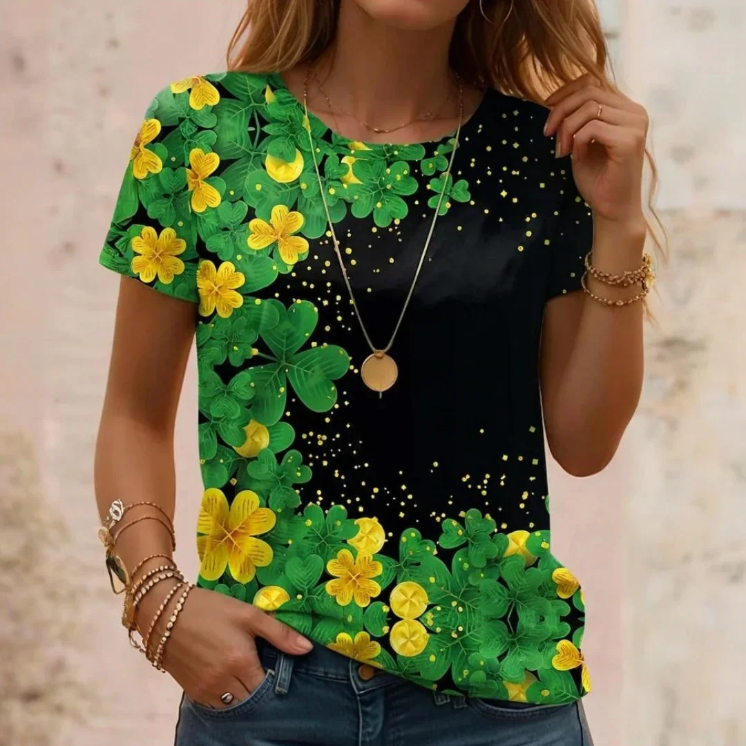 

Женская футболка, летние уличные повседневные топы с круглым вырезом, с короткими рукавами и принтом листьев, свободная женская короткая одежда большого размера
