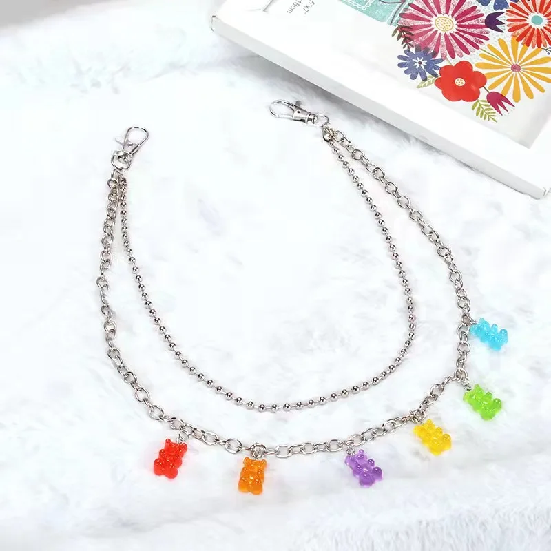 Punk Chain On The Jeans Pants Women Men Cute Bear Charm Waist Vintage Metal Acrylic Chain Belt Hisster Trouser Keychain Jewelry