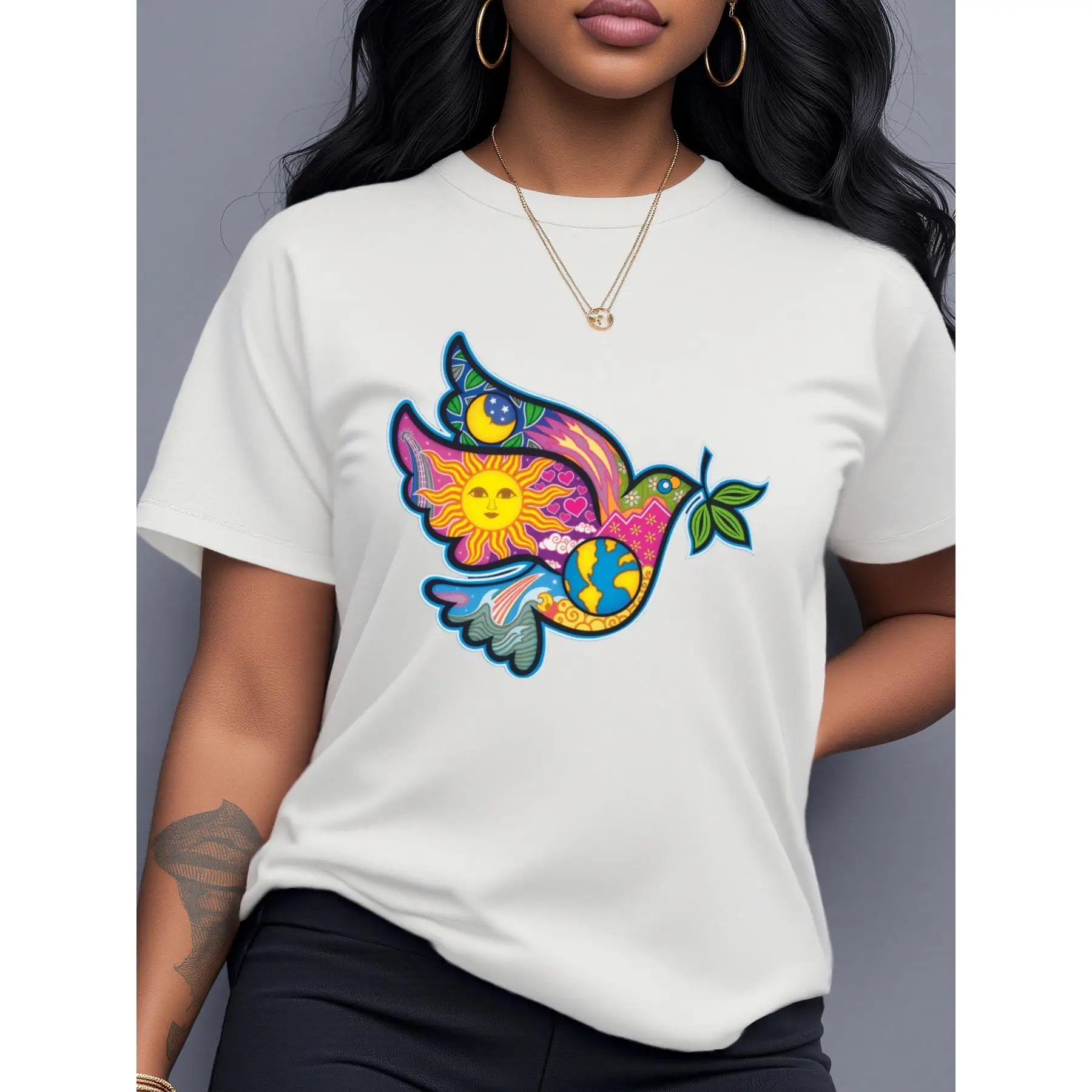 

Women's Short Sleeve T-Shirt - Retro Hippie Colorful Peace Dove & Sunflower Print, with Vibrant Artistic Design, Breathab