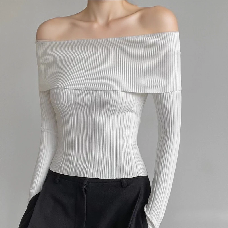 Autunno e inverno nuova spalla a maniche lunghe maglione sexy slim fit da donna elegante maglieria camicetta tinta unita