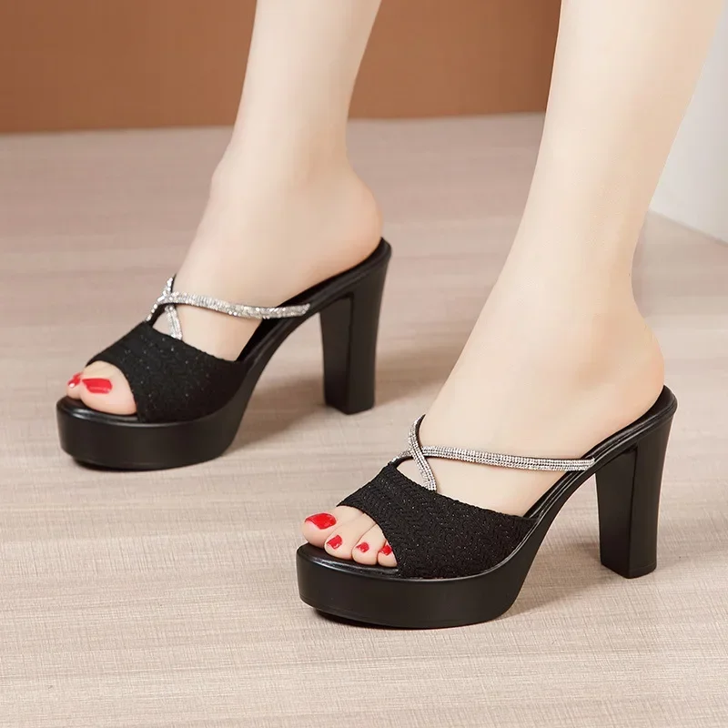 10cm Small Size 32-43 Sexy Bling Rhinestone Slippers Summer Platform Shoes 2024 Block High Heels Slides Office Model