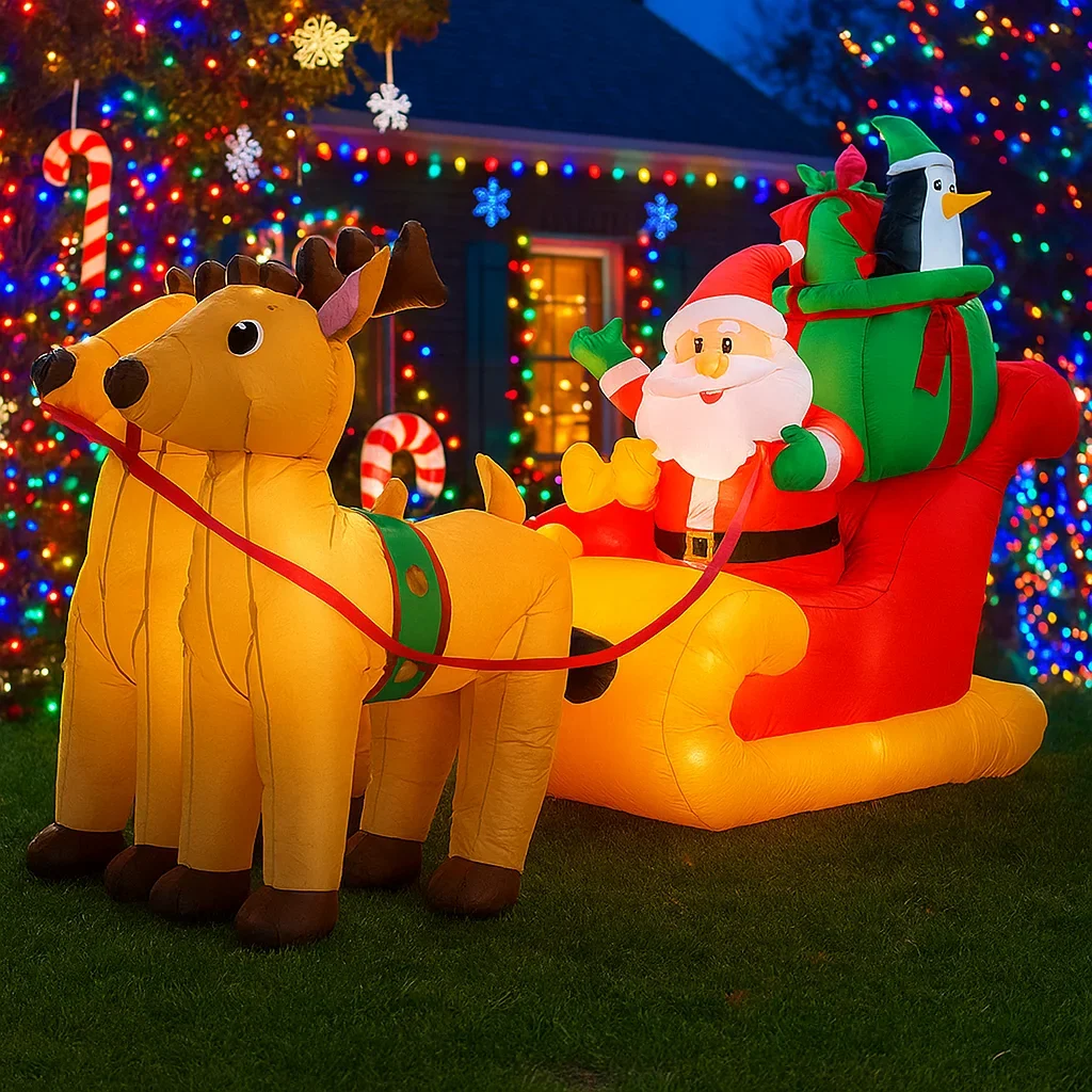 Papá Noel inflable de 2,2 M/7,2 pies en trineo con luces LED de Reno, juguetes de decoración para el hogar, suministros navideños para patio, decoración al aire libre