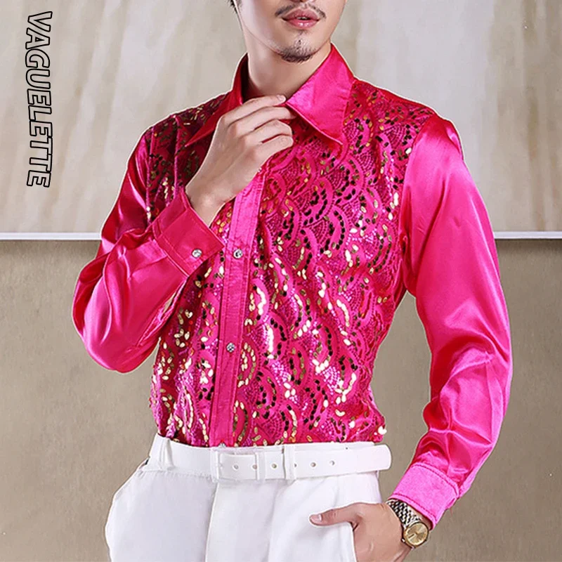 Luxury Sequins Ruffles Tuxedo Shirts For Men Red/Pink Wedding Stage Clothes Formal&Casual Shirt Men Long Sleeve S-L