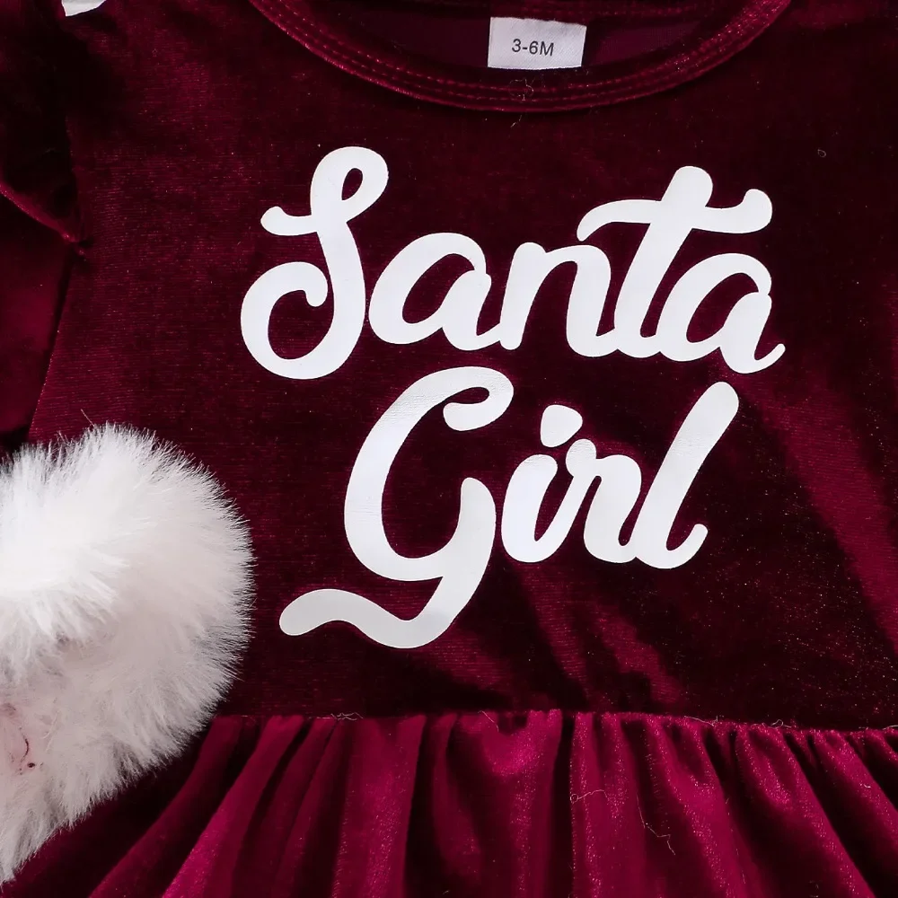 Urso líder bonito vestido de bebê carta vermelha impressa manga longa natal roupas infantis emenda de pelúcia vestidos de ano novo da menina