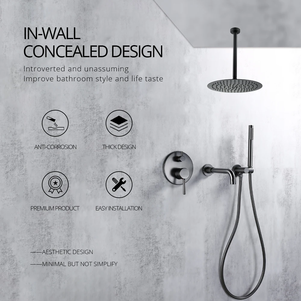 Gunmetal Shower Faucet Set Bathtub Mixer Hot And Cold Shower Tap 10'' Rainfall Head Ceiling Arm 21CM Spout Rubber 1.5M Wall Moun