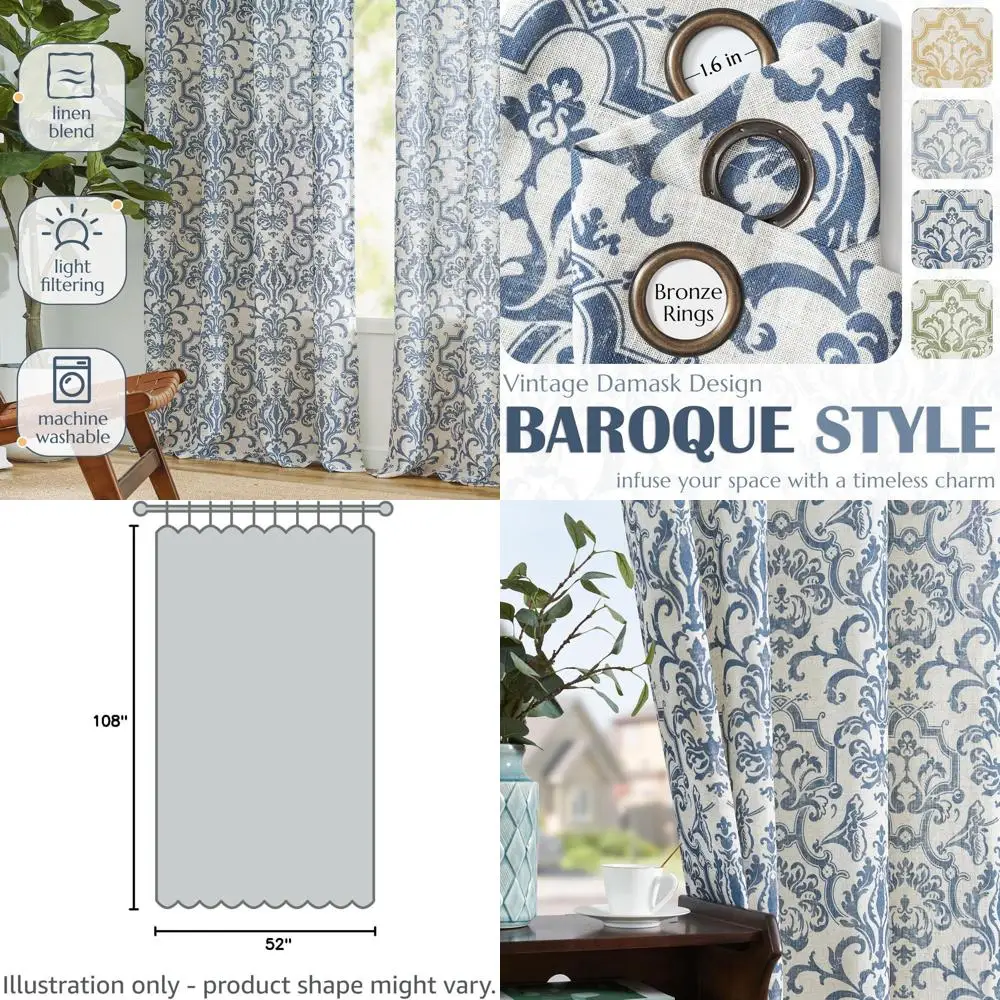 

Синие льняные шторы с дамасским узором, ширина 108 дюймов, длина 9 футов, светопропускающие, в винтажном стиле, с люверсами, комплект из 2 панелей