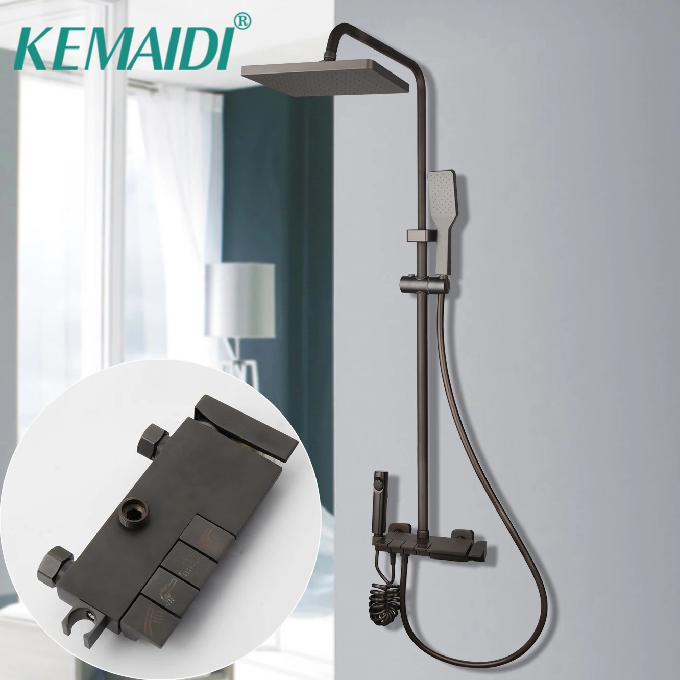 

KEMAIDI Gun Gray Shower Set Bathroom Hot Cold Shower System Wall Mount SPA Rain Fall Bath Faucet Bathtub Square Head Luxury