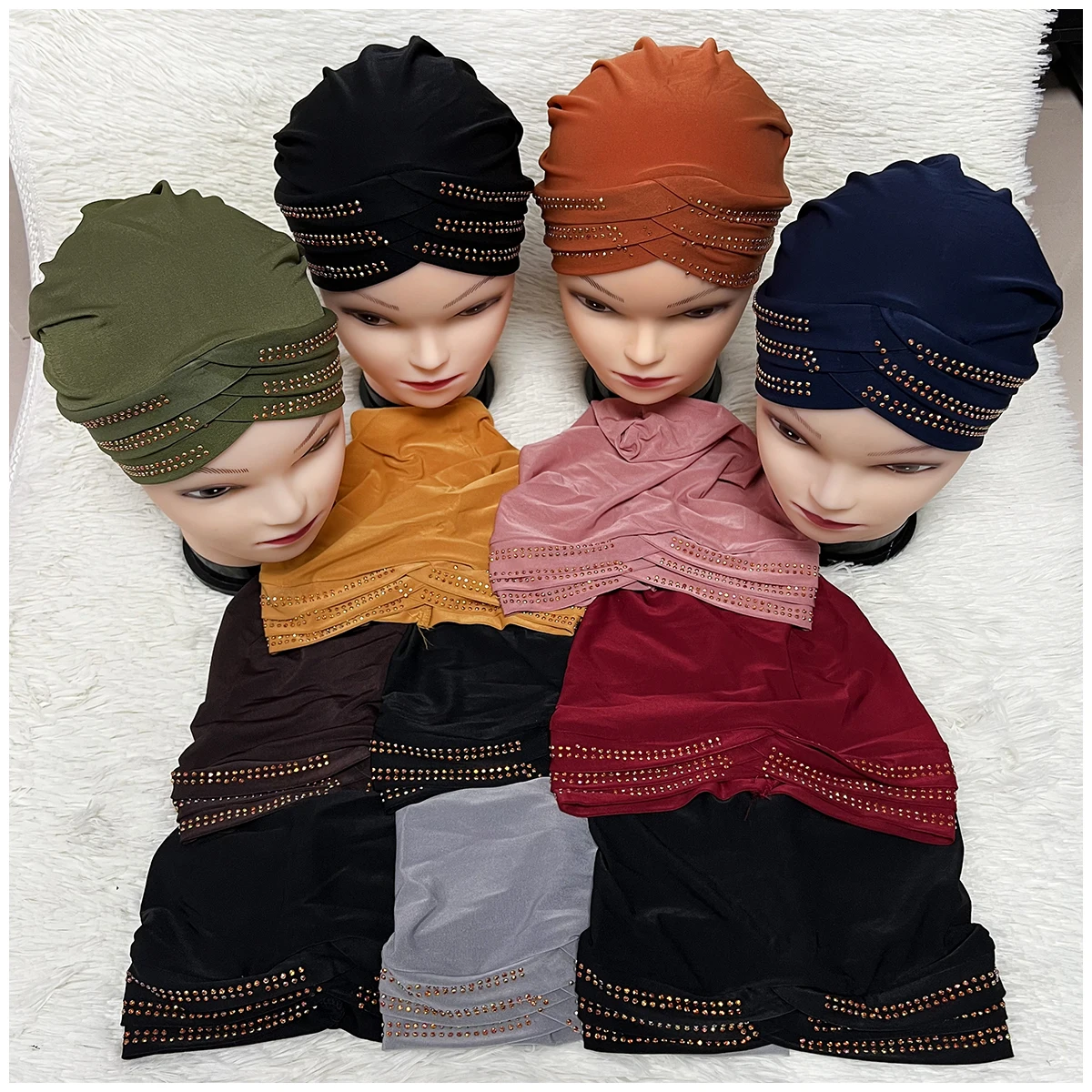 6/12 Pieces Latest Fashion Muslim Female Turban Hat Bonnet Velvet Hot Rhinestone Solid Indian Beanie Hair Bonnets Cap For Women