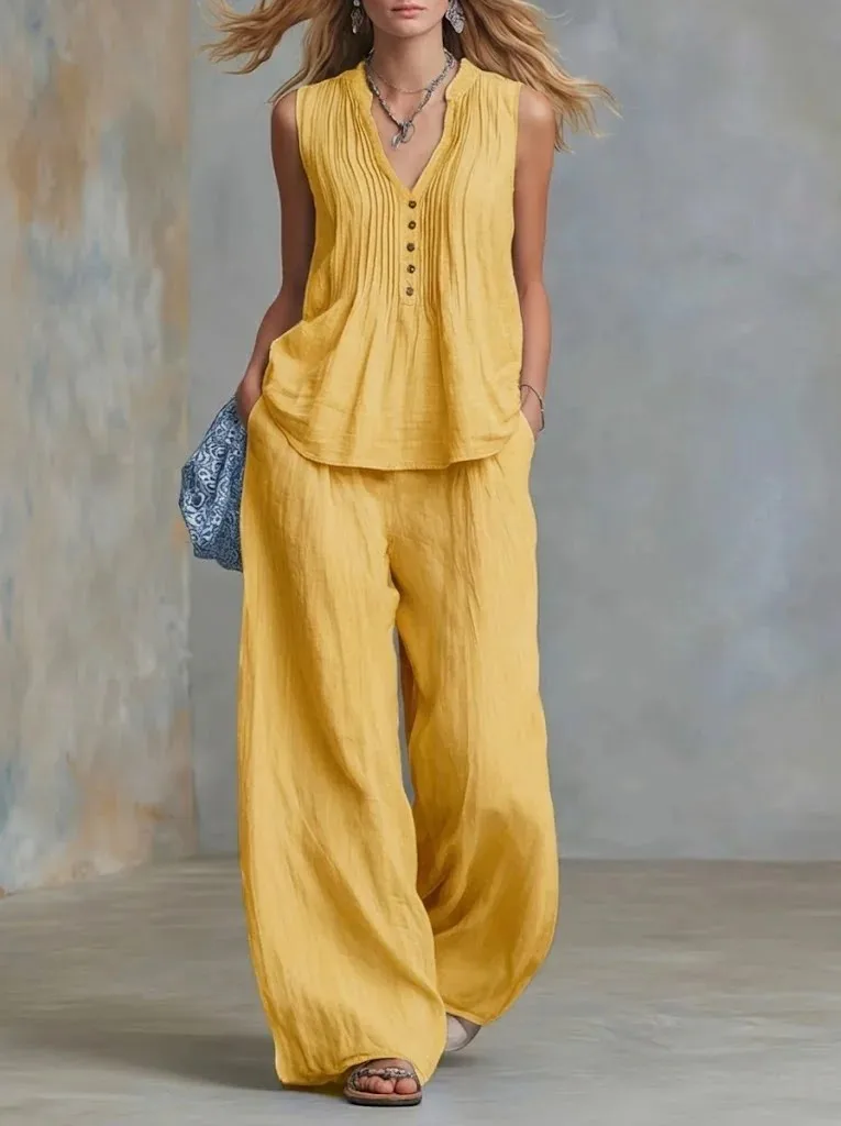 

Летний женский комплект одежды из двух предметов: безрукавка с V-образным вырезом, элегантный повседневный наряд для женщин, комплект из полиэстера с длинными брюками.