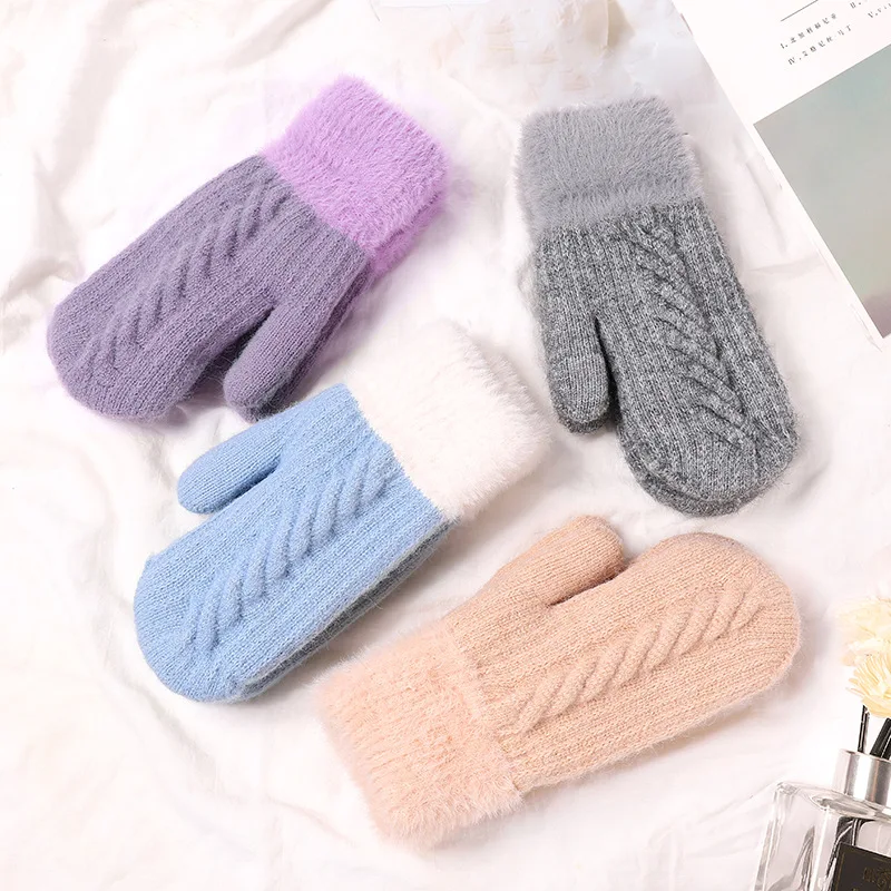 Women Cable Knit Mitten Gloves Winter Double Layer Thick Hanging Neck Wool Gloves Warm Full Finger Gloves for Student Cycling