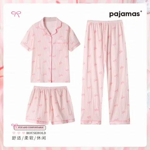 봄과 여름 신사 숙녀 한국 활 잠옷 여학생 3 피스 세트 달콤한 줄무늬 반팔 잠옷 Homewear
