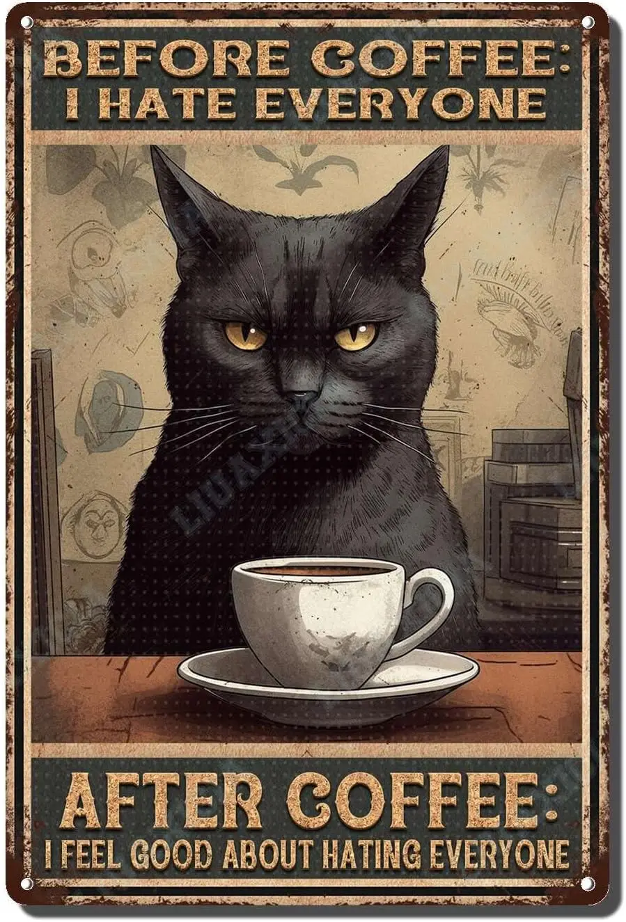 Metal Signs Vintage Funny Before Coffee I Hate Everyone Funny Black Cat Metal Sign Vintage Coffee Station Wall Decor Metal Signs