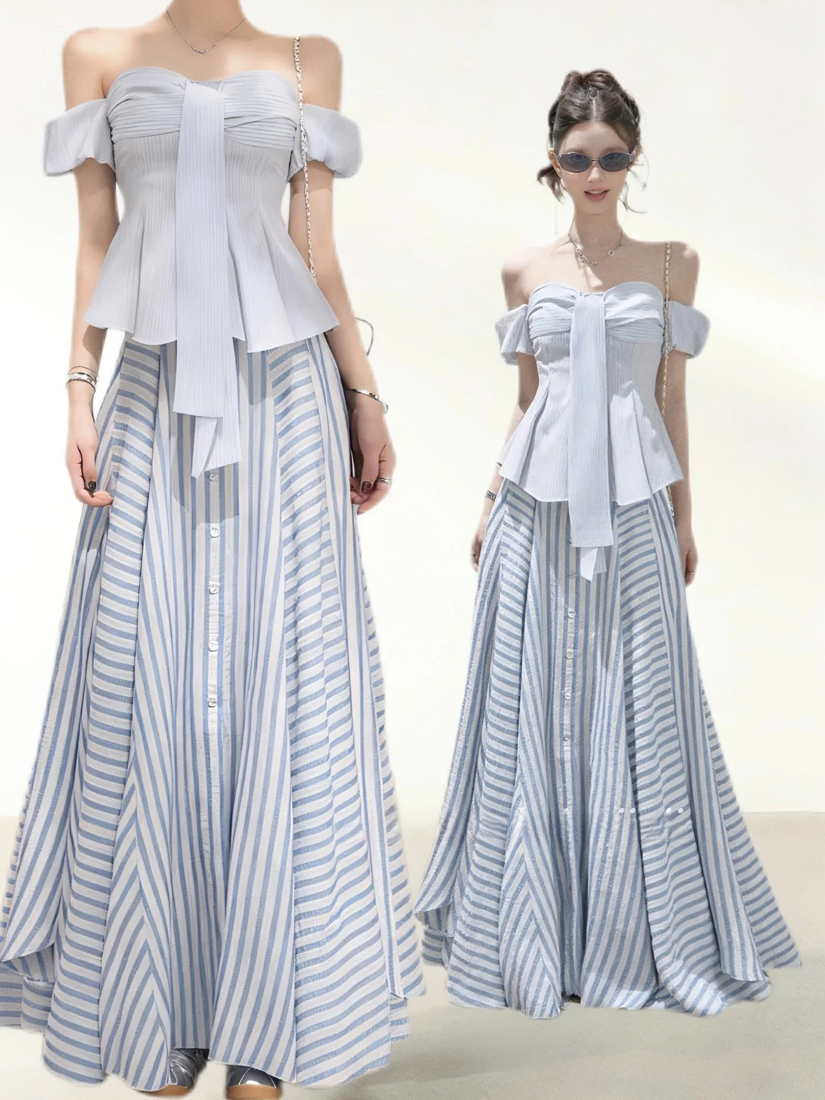 

Комплект из топа с открытыми плечами и длинной юбки с завязками и пикантными полосками в стиле Golden Girl: универсальный летний дизайн, сексуальный и шикарный образ