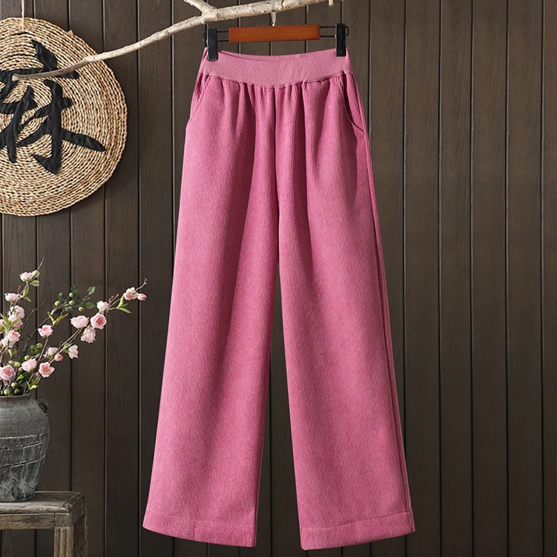 سروال قصير نسائي شتوي Thiened Fce عادية عالية الخصر مستقيم الساق بنطلون أحمر متعدد الاستخدامات Age-defng مرونة الخصر