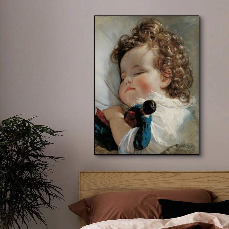 Cute Curly Hair Baby Sleeping Canvas Painting Prints Poster Wall Art Picture for Children's Room Kindergarten Home Decoration