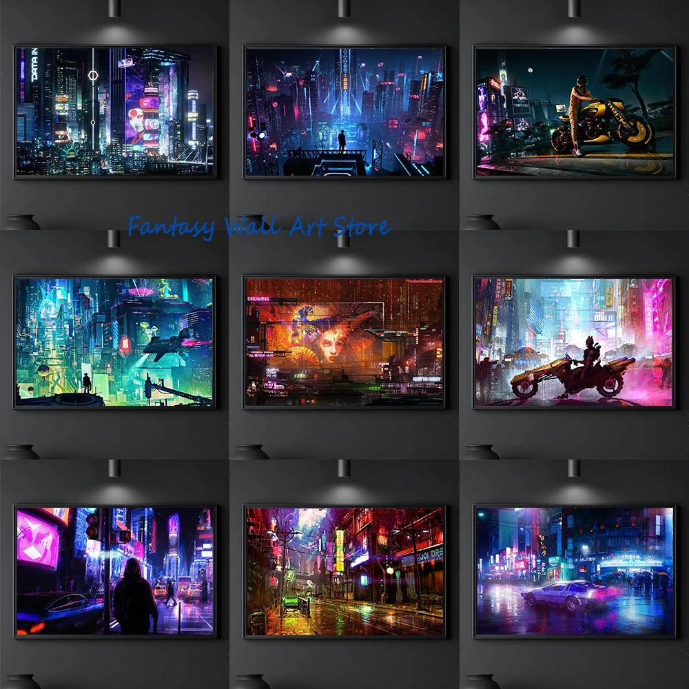 Cy-berpunk Night City Poster Cy-berpunk Fantasy Japanese Urban Landscape Art Canvas Painting Wall Picture Home Gaming Room Decor
