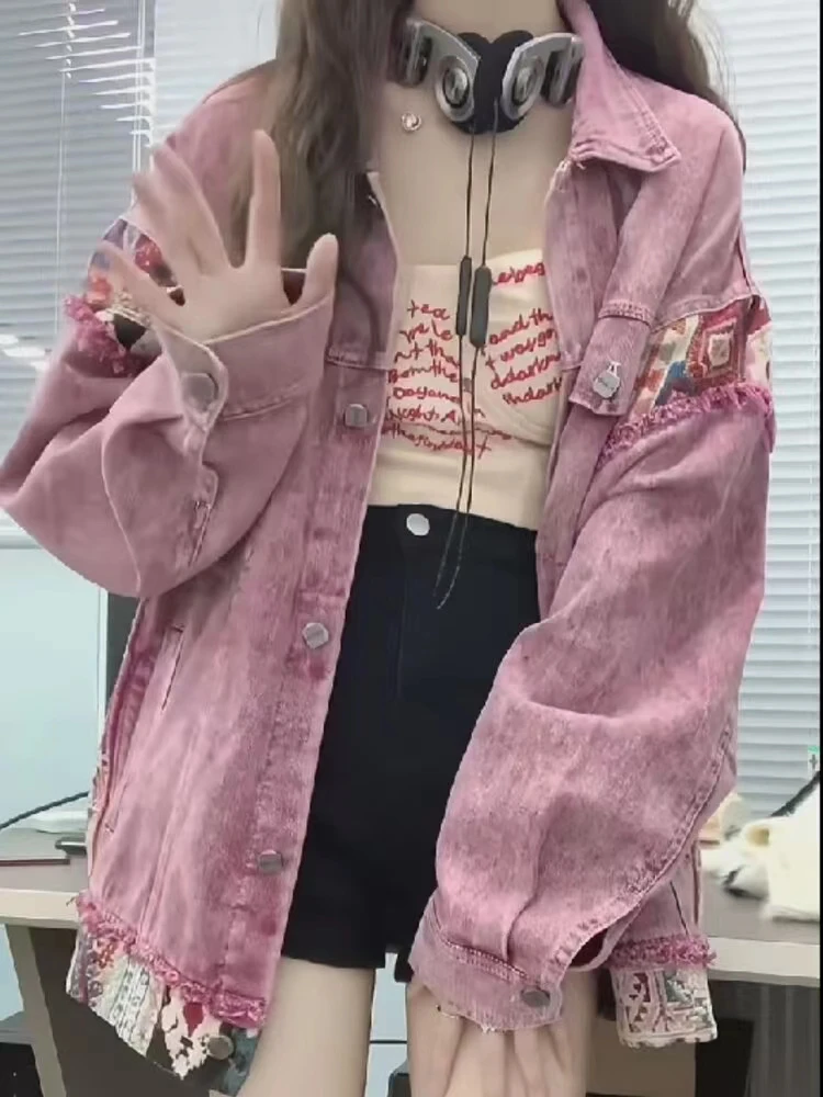 

Ретро-куртка в американском стиле, розовая, с джинсовыми вставками, женская, свободного кроя, в стиле рабочей одежды, модная, весна-осень, новая, с воротником-стойкой, B...