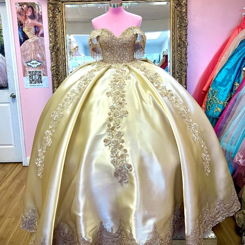 Ouro Brilhante Quinceanera Vestidos com Contas, 3D Flower Applique, Aniversário Princesa Vestidos de Baile Formais, XV Anos 15, Mexicano