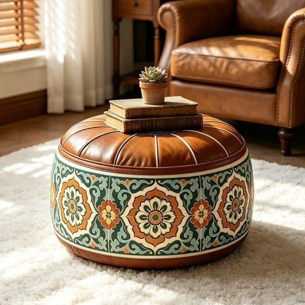 Boho Style Sofa Stool Cover PU Leather Unstuffed Round Footstool Cover Waterproof Foldable Clothes Storage Bag Balcony