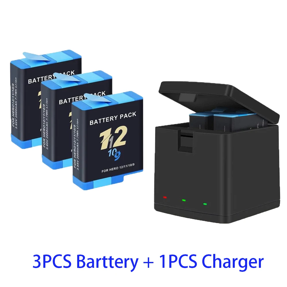 Batterij Voor GoPro Hero 12 11 10 9 Motion Camera 2000mAh Batterij Snellader Box Voor GoPro Hero Oplaadbare Batterij Accessoires