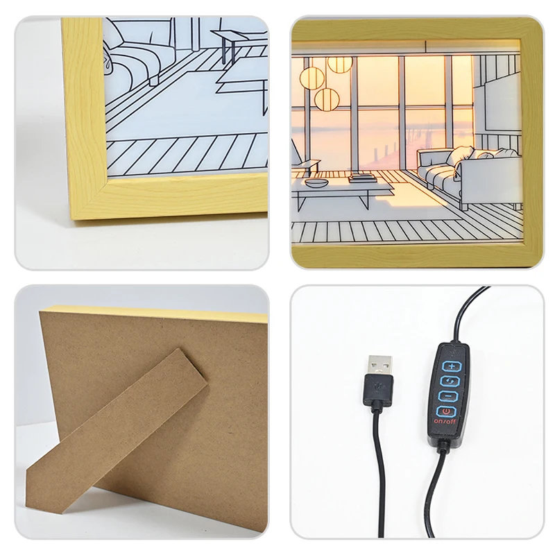 INS Style Light Deco Painting LED Modern USB Plug-In Model Wall Artwork, interior, luz solar, ventana, marco de fotos de madera, lámpara de pared cálida
