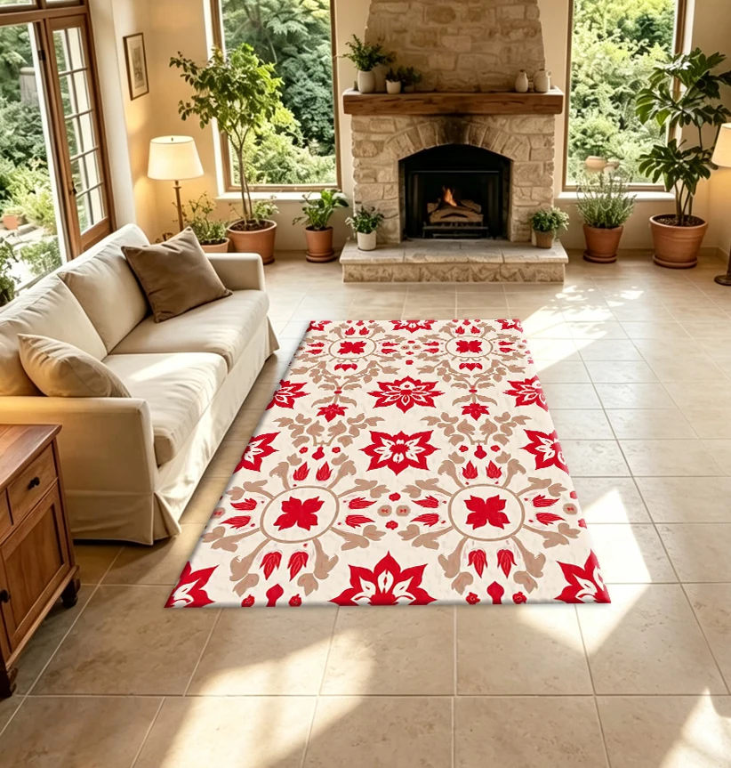 Retro Floral Symmetrical Pattern Carpet Flooring Stylish Home Area Rug Indoor Bedroom Floor Art