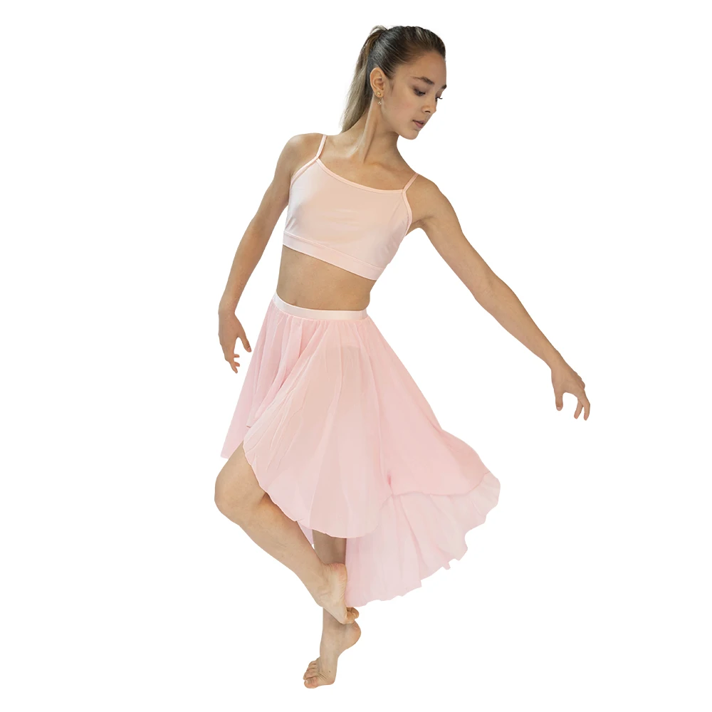 

Pink 2 Piece Lyrical Dance Dress Camisole Crop Top Chiffon Uneven Skirts Performance Costume Ladies Girls Dancewear