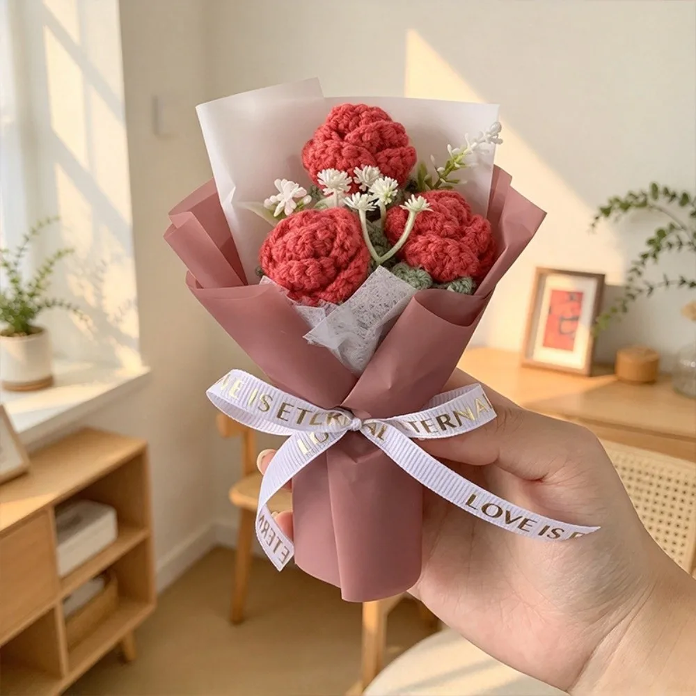 Fake Flowers Crochet Flowers Knitted Flower Hand Woven Artificial Flower Potted Plant Sweet Romantic Woven Simulated Flower