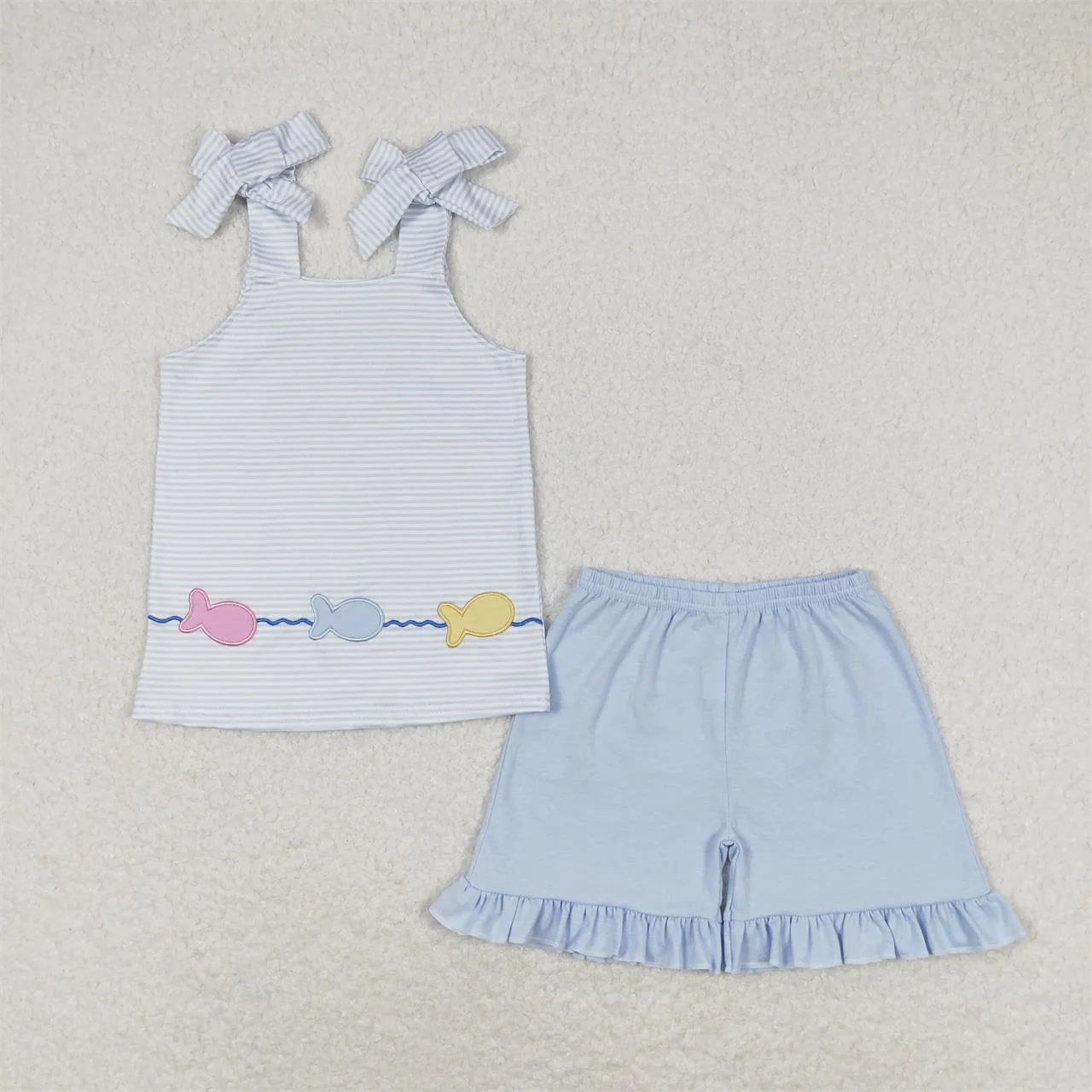 Wholesale Kids Children Short Sleeves Embroidery Tops Two Pieces Baby Girl Summer Set Fish Outfit Toddler Ruffle Shorts Clothes