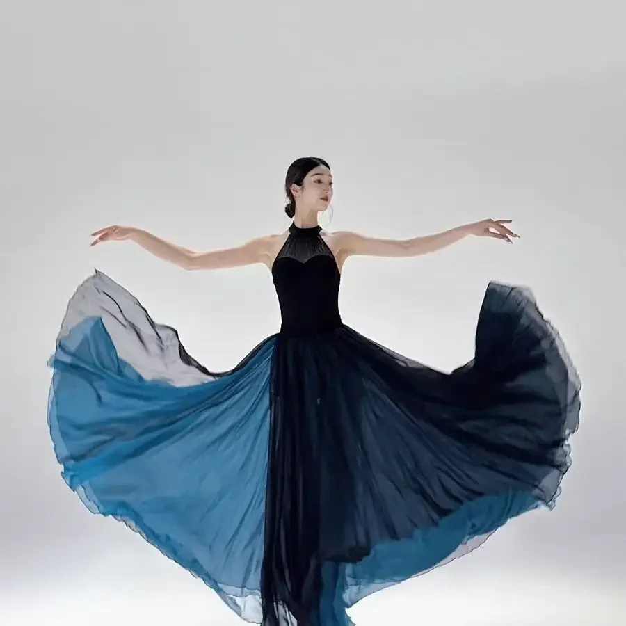 

Elegant Dance Performance Dress 720 Degrees Double Layered Skirt with Large Swing for Classical Mordern Dancing Practice