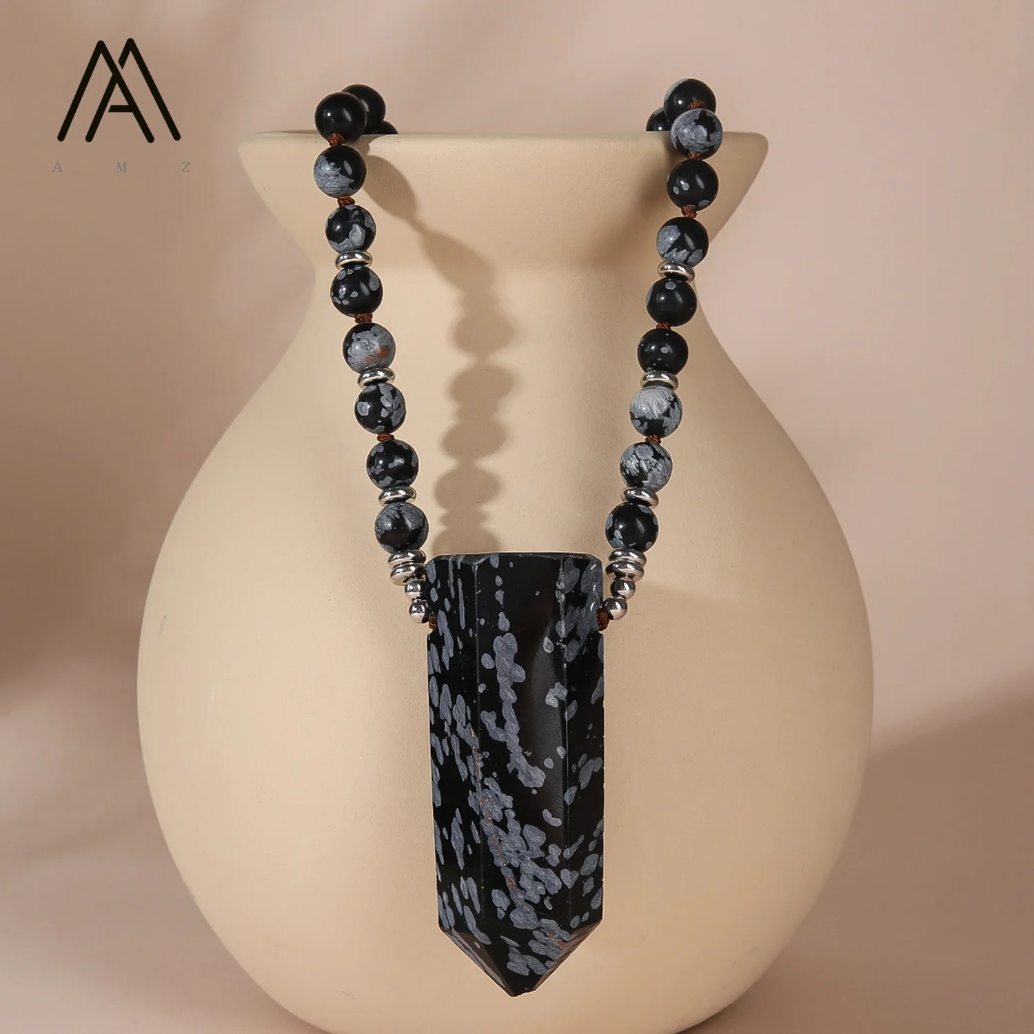 Natural Snowflake Stone Necklace Healing Crystal 108 Beads Mala Beaded Point Pendant for Women Party Daily Protection Jewelry
