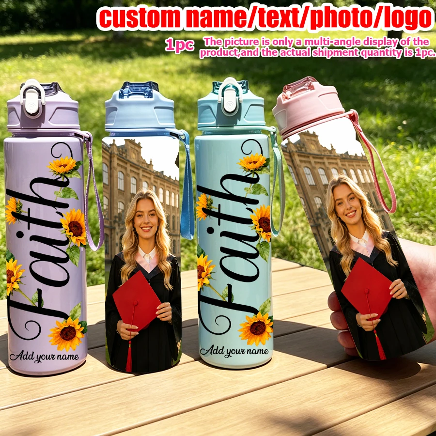A 25-ounce personalized picture text bottle with faith text pattern is suitable for many festivals in graduation season and back
