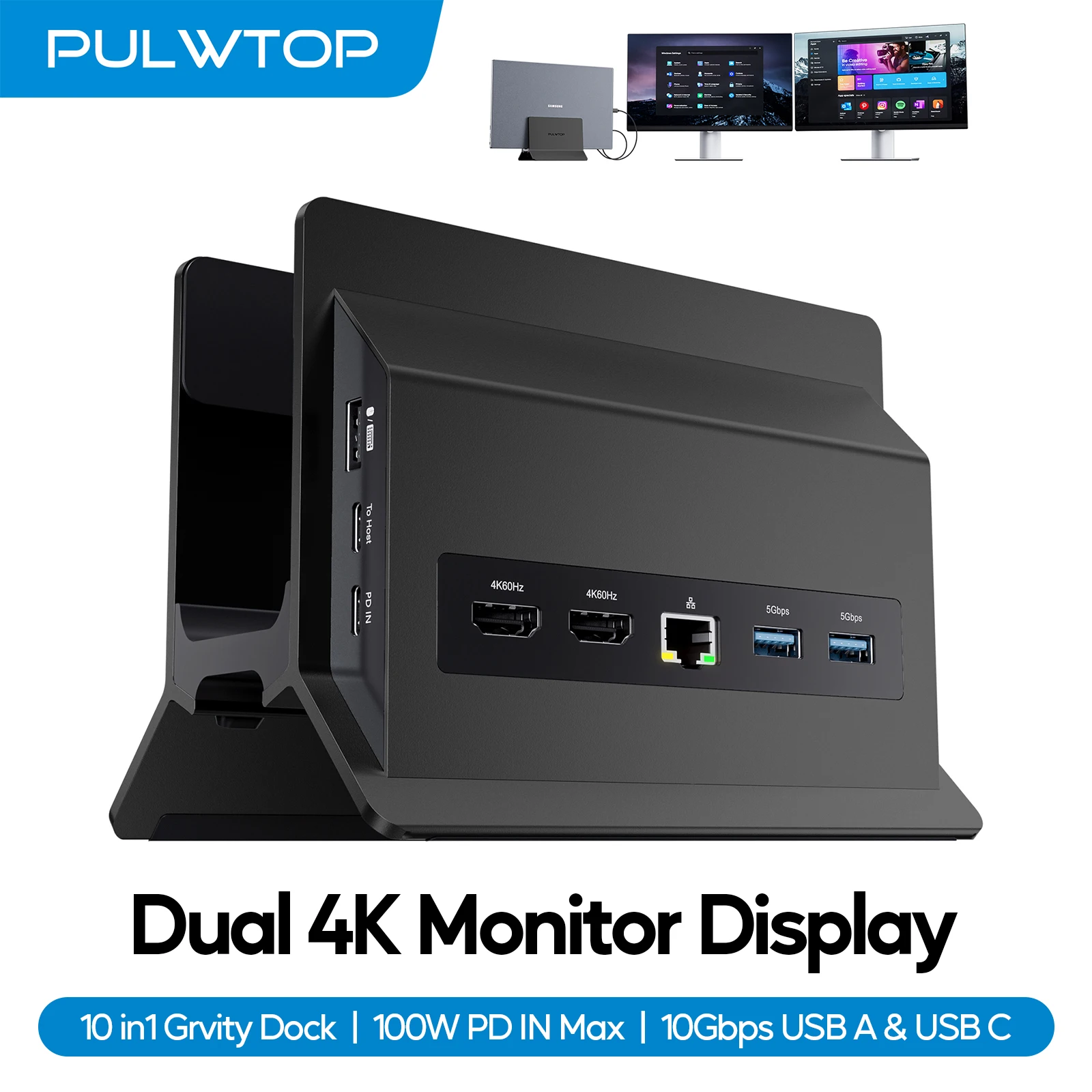 

Док-станция PULWTOP USB C с двойным монитором для ноутбуков Type-C, HDMI 4K при 60 Гц, USB A/C 10 Гбит/с, Ethernet, USB A 2.0, PD-черный