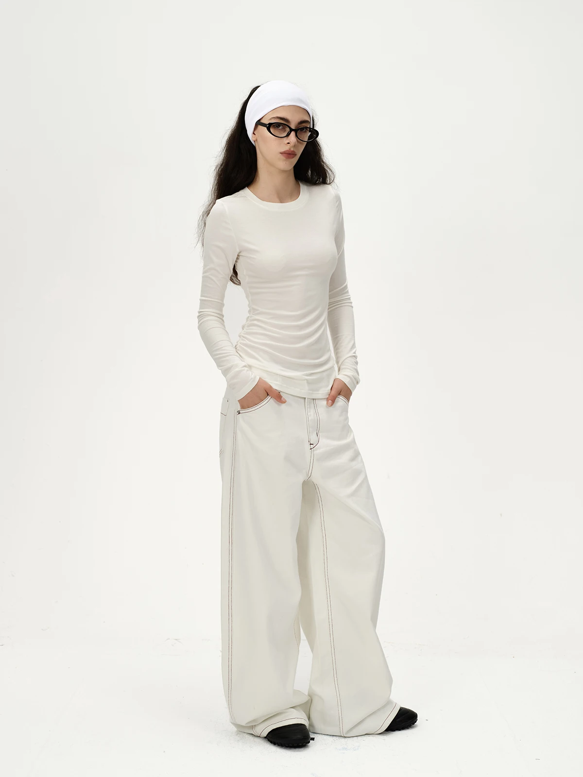 

Белые широкие джинсы Vodka Elves с низкой посадкой, джинсовые брюки с красной строчкой, повседневные, износостойкие, осенняя мода для вас