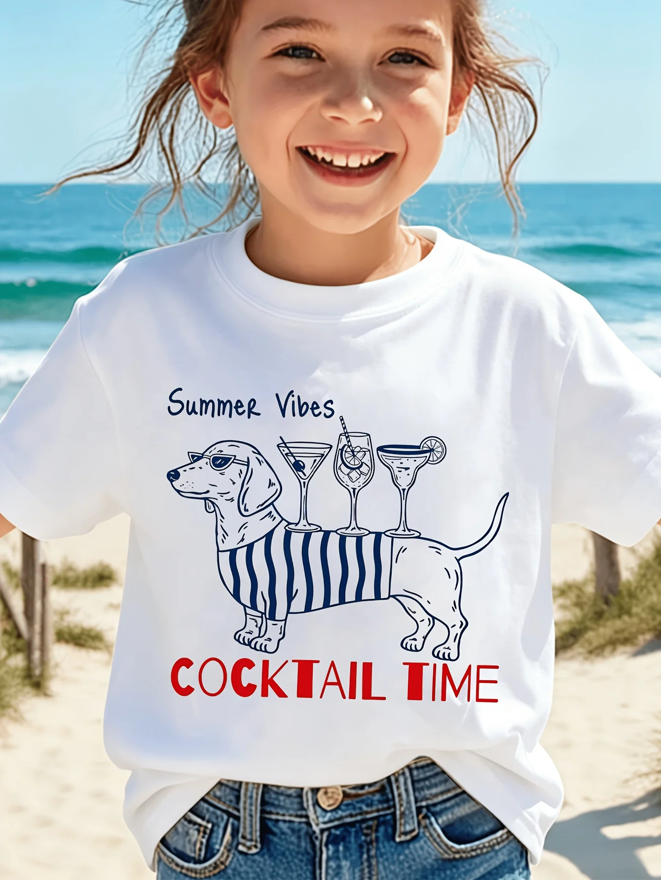 Kids Summer Vibes Dachshund Cocktail Time Graphic Tee Boys Girls Family Matching Short Sleeve Beach Holiday Casual Daily T Shirt