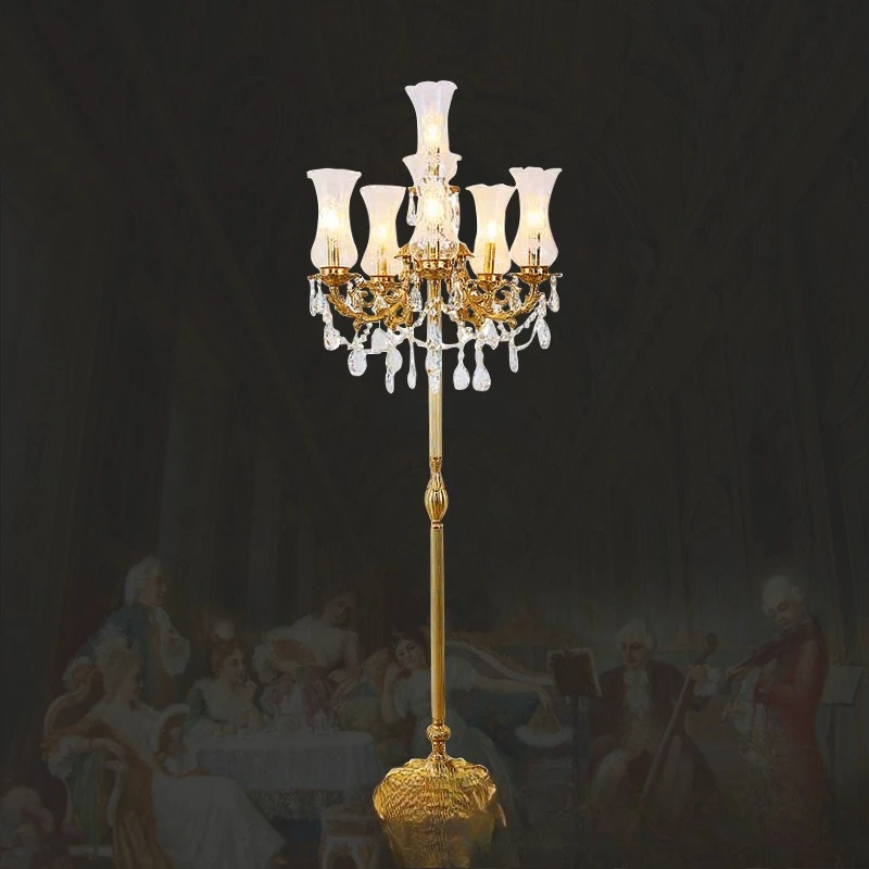 French full copper bedroom decorative floor lamp, luxury retro crystal creative European style, villa living room study art lamp