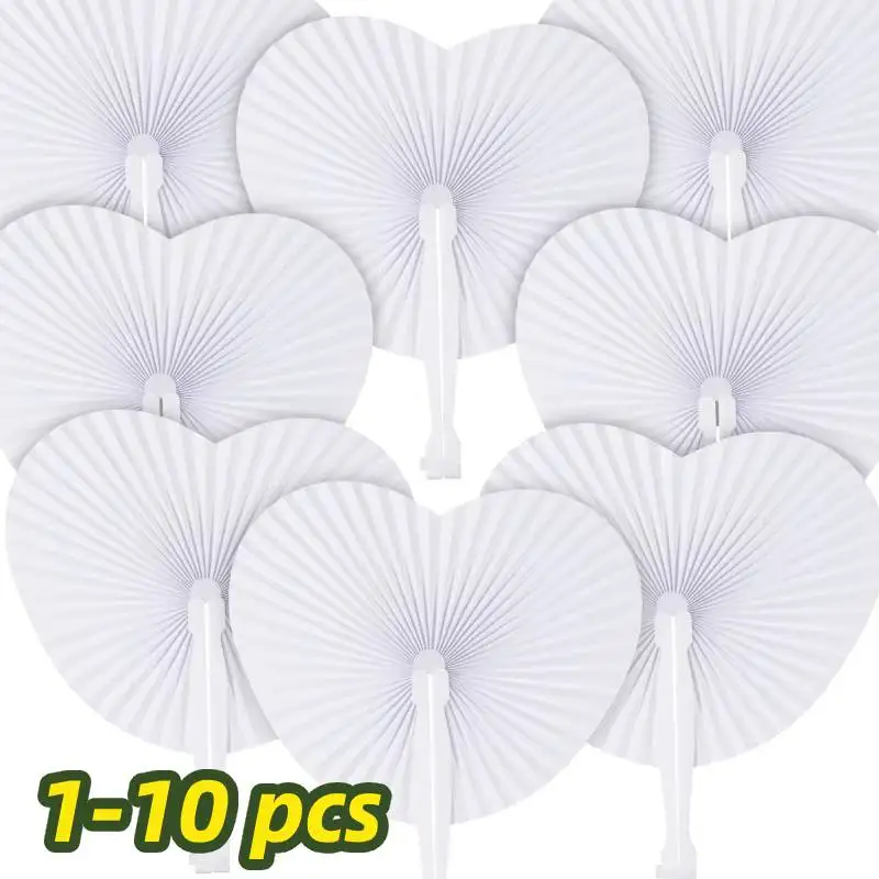 1-10pcs White Folding Fans Heart Shaped Fan Round Accordion Paper Fans Wedding Celebration Party Decoration DIY Painting