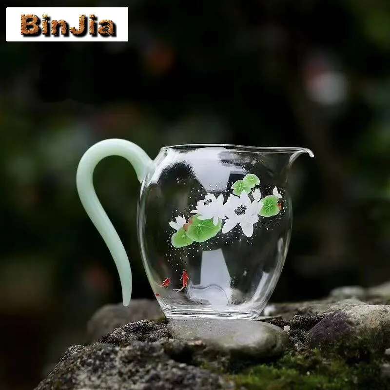 

240Ml Creative Fish Playing Lotus Tea Pitcher Thickened Glass Side Handle Cha Hai Justice Cup Chinese Kungfu Set Accessories