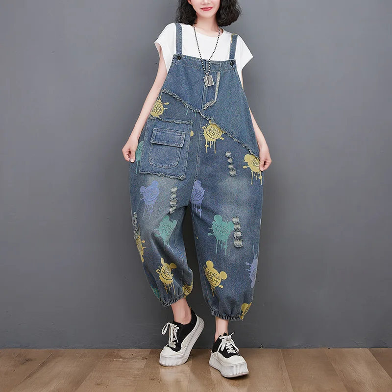 

#2375 Spring Summer Print Denim Jumpsuits Women Vintage Denim Overalls Female Loose Wide Leg Jeans Jumpsuit Ladies Ankle-length