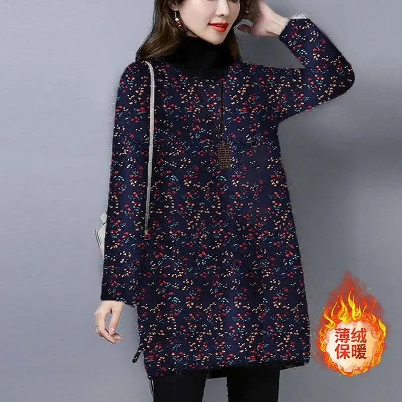 Autumn Winter High Collar Vintage Floral Printing Casual Fashion Pullover Tee Female Oversized Add Plush All-match T-shirt Women