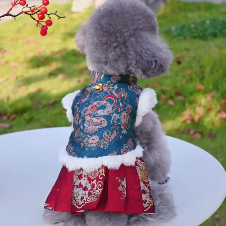 Chinese New Year Pet Clothes Traditional Tang Suit Cheongsam Warm Fleece Lined Festive Winter Outfit For Small Dogs Cats Bichon