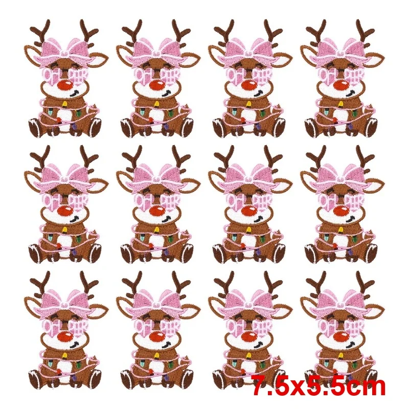 10Pcs/Lot Embroidery Patches Iron On Pink Christmas Patch for Clothing Sew On Badge DIY Snowman for Jacket Jeans Shirt Gift