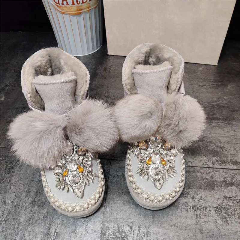 Glitter Multi Gemstone Fox Fur Ball Lace-Up Botas para Mulheres, Botas de Neve, Sola Grossa, Plush, Dentro, Strass, Feminino, Inverno