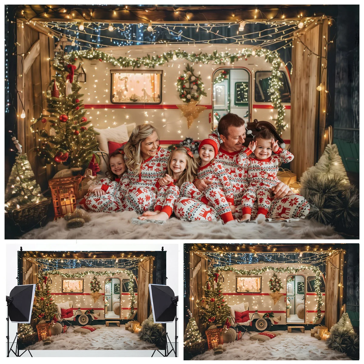 Winter Christmas Car Photography Background Camping Forest Snowy Bus Xmas Trees Kids Family Portrait Decor Backdrop Photo Studio