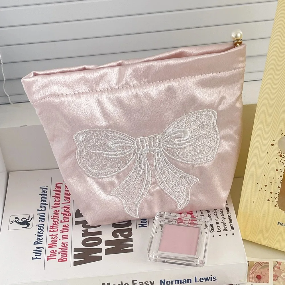Cute Pink Bow Makeup Bag Handbag Pearl Zipper Toiletry Storage Pouch Bow Embroidery Cosmetic Bag Travel