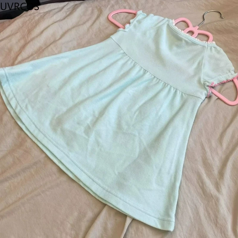 اليابانية Kawaii لوليتا نمط فستان المرأة الحلو الكرتون التطريز القوس الجيب ​ فستان Y2k الجمالي Harajuku Grunge Mini Vestidos